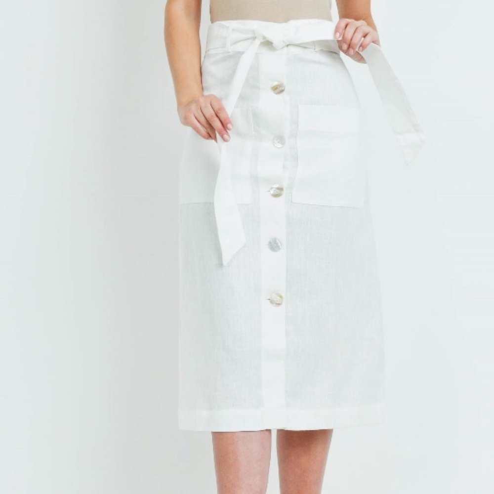 Belted Linen Button Skirt off white